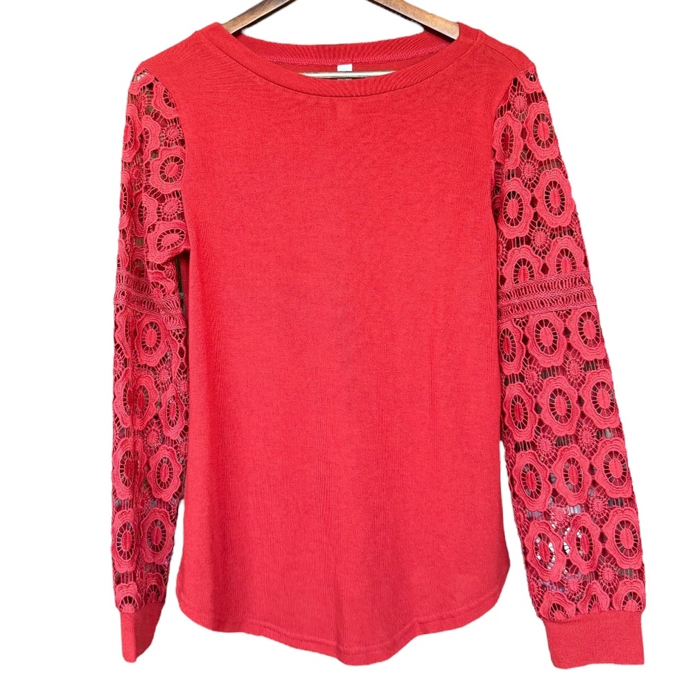 Tickled Teal Red Lace Long Sleeve Top Sz L